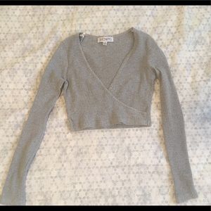 Gray, Long Sleeve, Wrap Crop Top